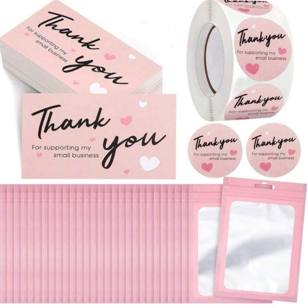 Thank You Business Cards, Stickers, Resealable Bags 600pcs NEW PINK